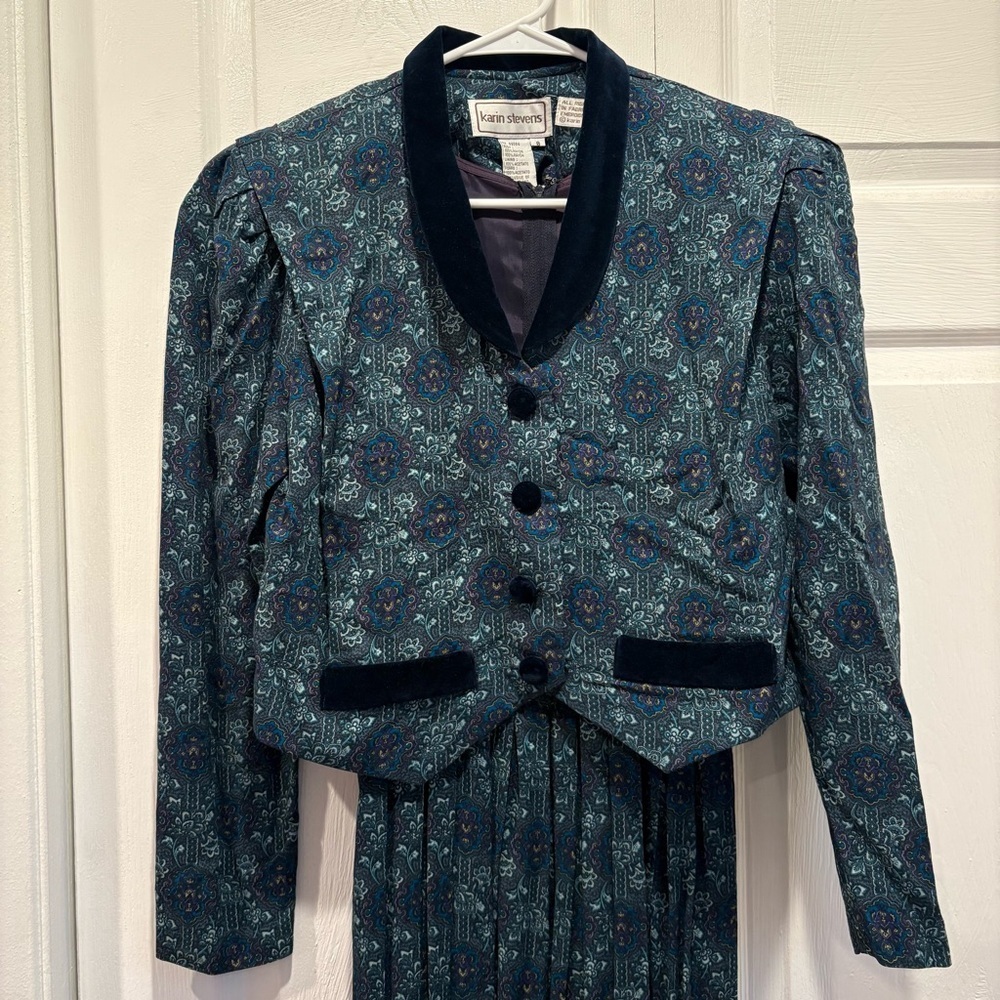 Vintage 80s Karin Steven’s Blue Patterned Midi Length Dress With Jacket -Size 8